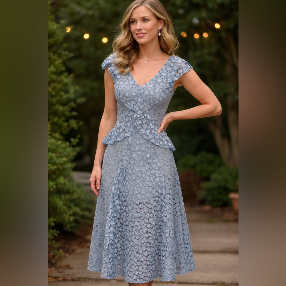 Anthropologie Blue Lace Midi Dress | Size 0 | Romantic Peplum Detail